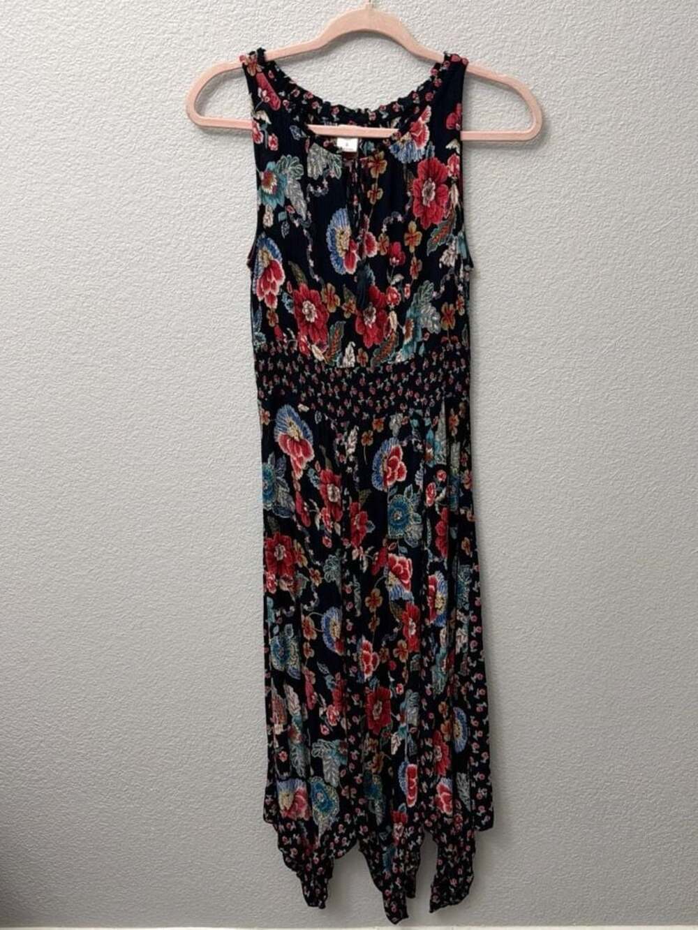 Bila Floral Smocked Waist Handkerchief Hem Sleeveless Dress Size S